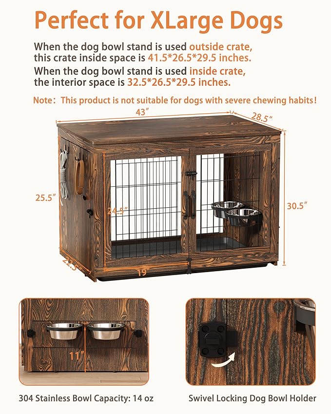 Piskyet Wooden Dog Crate Furniture with 360°Rotatable Removable Dog Bowls, Dog Crate End Table with Tray, Double Doors Dog Kennels for Dogs(XL:43.2" L*28.6" W*30.3" H, Rustic Style)