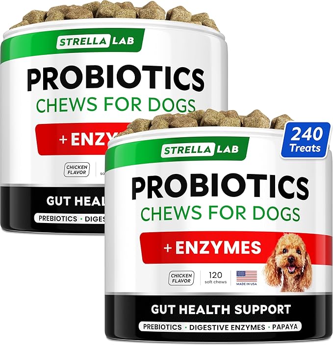 STRELLALAB Dog Probiotics Chews for Digestive Health & Gut Support with Yeast and Enzymes - Anti Gas, Diarrhea and Upset Stomach Immune Supplement - Digestion Treats with Fiber (240Ct, Chicken)