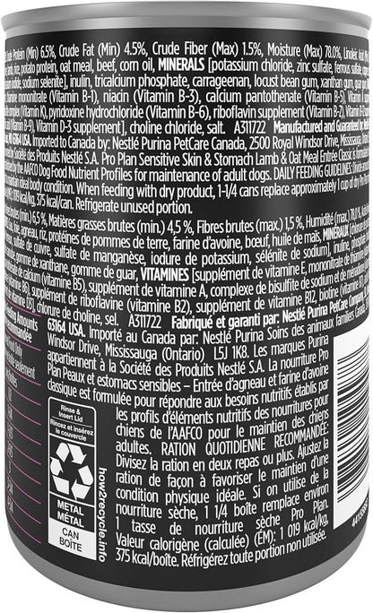 Purina Pro Plan Sensitive Skin and Stomach Dog Food Wet Classic Pate Lamb and Oat Meal Entrée - (Pack of 12) 13 oz. Cans