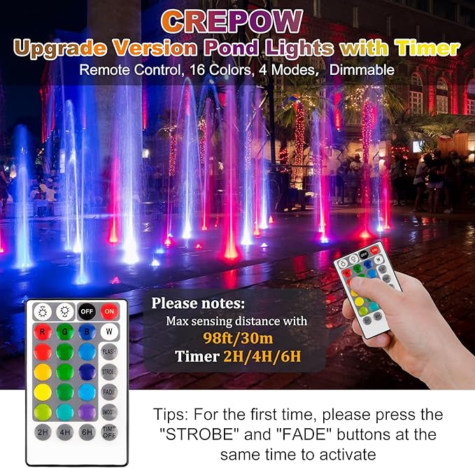 RGB Pond Lights with Timer, LED Underwater Submersible Colorful Landscape Spotlights, 98ft Remote Control IP68 Waterproof Fountain Lights for Fish Aquarium Tank Garden Yard Pool (Set of 4)