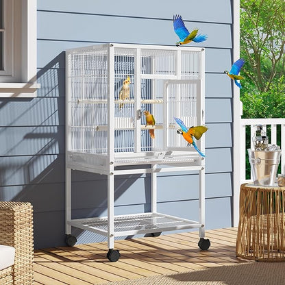 YITAHOME 41 inches Metal Bird Cage for Parakeets: Large Parrot Cages with Tray, Food Boxes, and Wooden Perches with Rolling Stand & Brakes for Lovebirds Cockatiels Pigeon Finches, White