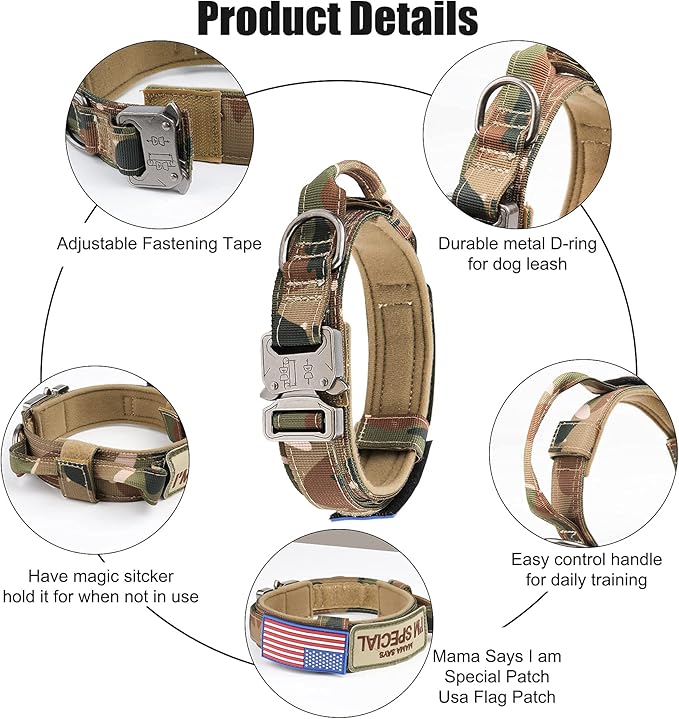 KCUCOP Tactical Dog Collar - Heavy Duty Dog Collar with Handle and Metal Buckle, Military Thick Dog Collars for Medium and Large Dogs(Upgrade Camo-L, 2 Patches)