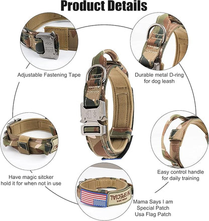 KCUCOP Tactical Dog Collar - Heavy Duty Dog Collar with Handle and Metal Buckle, Military Thick Dog Collars for Medium and Large Dogs(Upgrade Camo-L, 2 Patches)