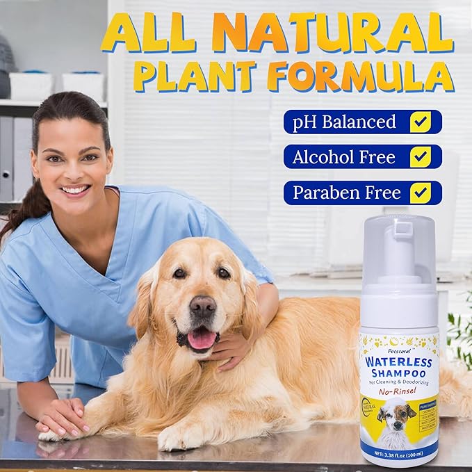 Waterless Dog Shampoo No Rinse Puppy Dry Hypoallergenic Shampoo and Conditioner - Soothing and Deodorizing Quickly Cleans Smelly Dogs and Cats (3.38 fl oz/100ml)