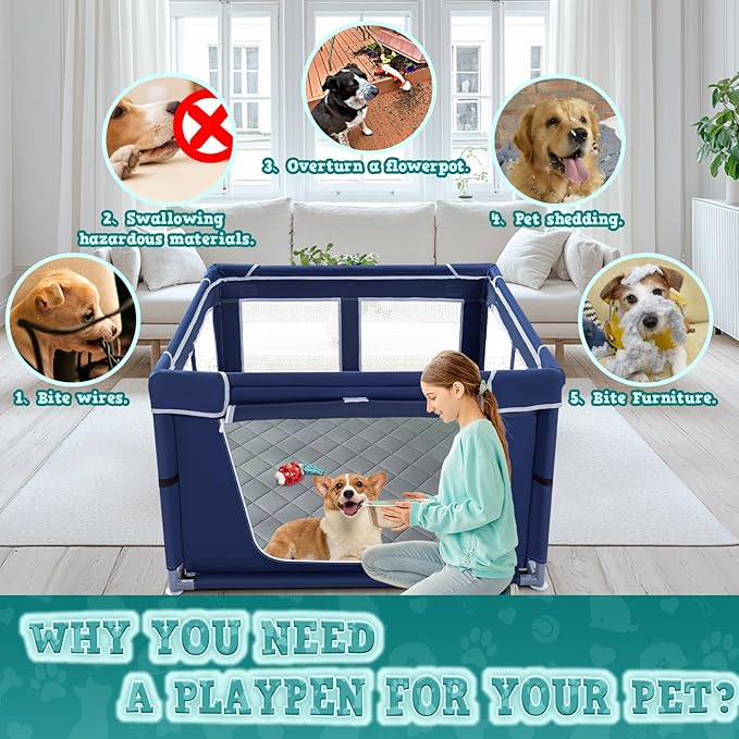 42x42 Inches Puppy Playpen with Dog Pads, Playpen for Puppies or Small Dogs, Indoor & Outdoor Use, Sturdy Safety Pen with Thickened Fabric, High-Strength Nylon Wire Mesh