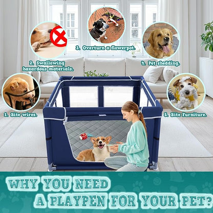 42x42 Inches Puppy Playpen with Dog Pads, Playpen for Puppies or Small Dogs, Indoor & Outdoor Use, Sturdy Safety Pen with Thickened Fabric, High-Strength Nylon Wire Mesh