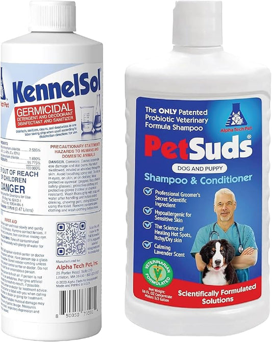 KennelSol 1-Step Kennel Cleaner 1 Pint and PetSuds Probiotic Shampoo and Conditioner for Dogs 16 oz Lavender Scented Bundle