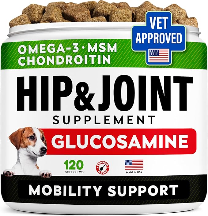 STRELLALAB Hip & Joint Glucosamine Supplement Treats for Dogs - Chondroitin, Omega-3, MSM - Advanced Joint Health Support Chews for Large Breed - Pain Relief - Bacon Flavor - 120 Ct - Made in USA