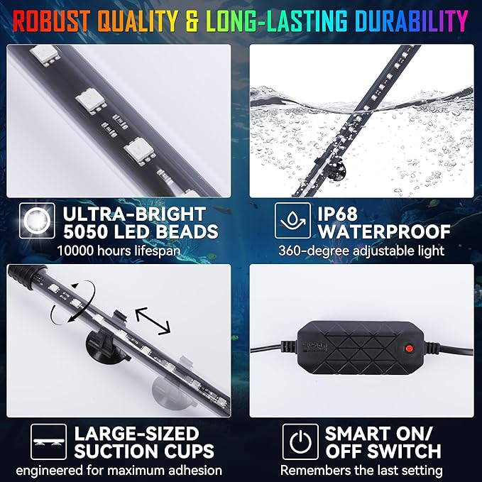Smart App-Controlled RGB LED Aquarium Light with 16 Million Colors & 12 Dynamic Effects, Underwater Fish Tank Light with Timer, Submersible LED Lights with Adjustable Brightness and Speed -7''