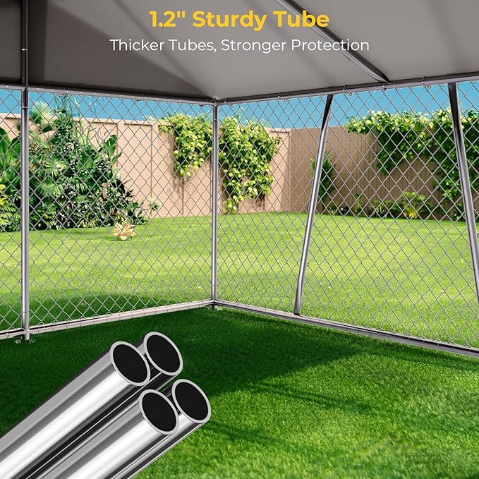 10 x 10FT Large Outdoor Dog Kennel with Roof, Dog Kennel Outside with Waterproof Cover, Galvanized Heavy Duty Chain Link Dog Runs Cage Playpen for Outside with Secure Lock
