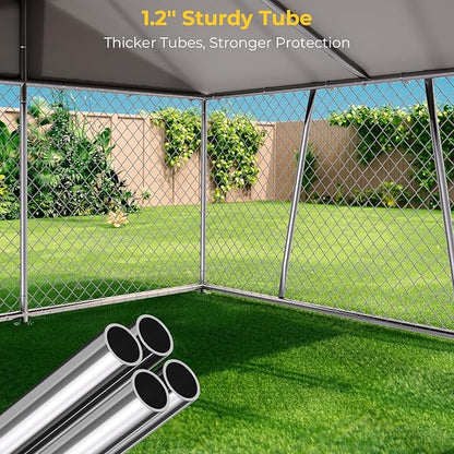 10 x 10FT Large Outdoor Dog Kennel with Roof, Dog Kennel Outside with Waterproof Cover, Galvanized Heavy Duty Chain Link Dog Runs Cage Playpen for Outside with Secure Lock
