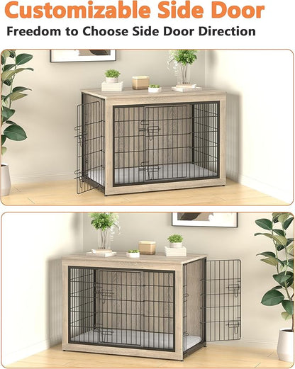 Piskyet Dog Crate Furniture with Cushion,Heavy-Duty Reinforced Metal Mesh,38" Wooden Dog Crate End Table with Double Doors,Indoor Dog Kennel,Dog Cage Side Table for Large Breed,Grey