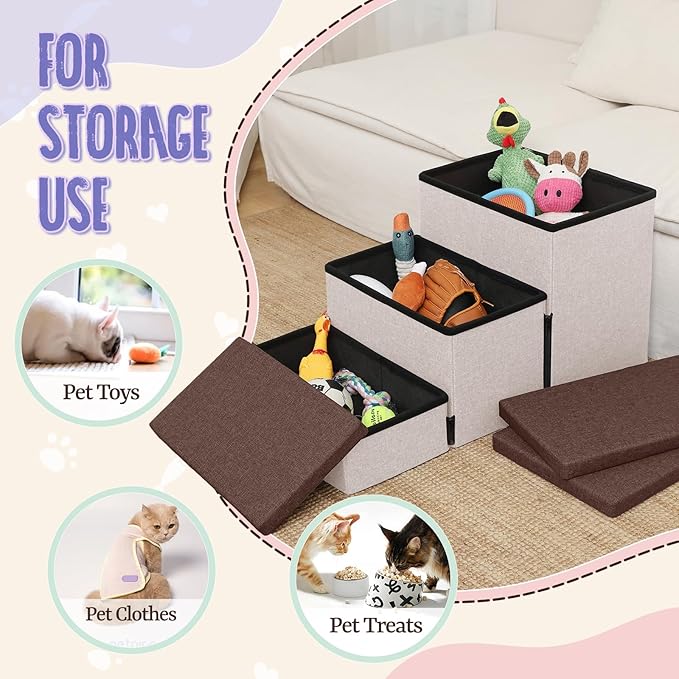 downluxe Dog Stairs for Small Dogs, Foldable Dog Steps for Bed, Sofa and Chair, Non-Slip Pet Steps with Cat Scratcher and Condo (3-Step Pet Stairs, Brown-Beige)