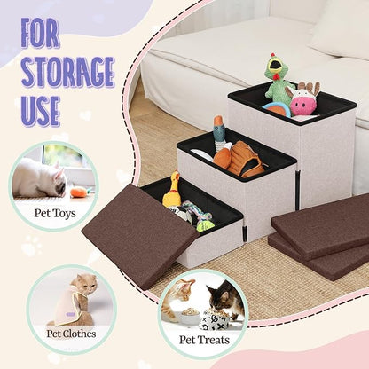 downluxe Dog Stairs for Small Dogs, Foldable Dog Steps for Bed, Sofa and Chair, Non-Slip Pet Steps with Cat Scratcher and Condo (3-Step Pet Stairs, Brown-Beige)