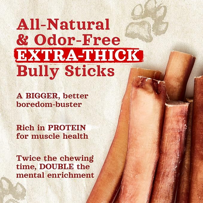 Natural Farm Odor Free Jumbo Bully Sticks (6 Inch, 12 Pack), Extra-Thick Dog Treats  Fully Digestible 100% Beef Treats, Natural Dental Chews  Keep Your Dog Busy with 50% Longer Lasting Chews