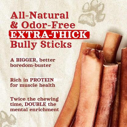 Natural Farm Odor-Free Thick Bully Sticks (12, 5-Pack) All-Natural Long-Lasting Dog Chews, 100% Beef Pizzle, Grass-Fed, Grain-Free, Protein for Muscle Development & Energy, Perfect for Large Dogs