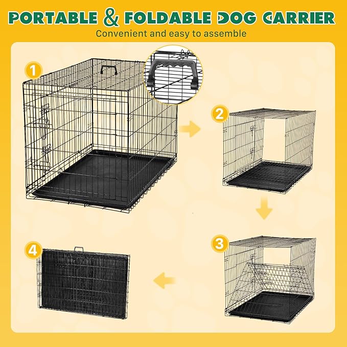 DUMOS 24-Inch Dog Crate, Small Double-Door Folding Metal Kennel with Divider Panel and Leak-Proof Pan, Portable Dog Cage for Indoor, Outdoor, and Travel