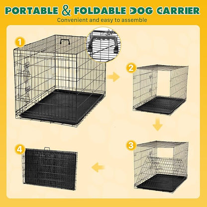DUMOS 24-Inch Dog Crate, Small Double-Door Folding Metal Kennel with Divider Panel and Leak-Proof Pan, Portable Dog Cage for Indoor, Outdoor, and Travel