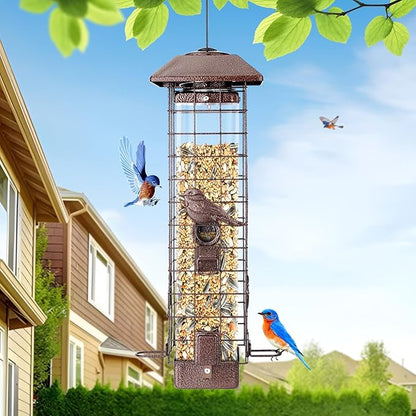 Squirrel Proof Hanging Bird Feeder for Outdoors, Gravity Protection Metal Wild Bird Feeder, 3LB Large Capacity, 4 Ports, Cardinal, Chickadee, Durable & Weatherproof, Ideal for Backyard
