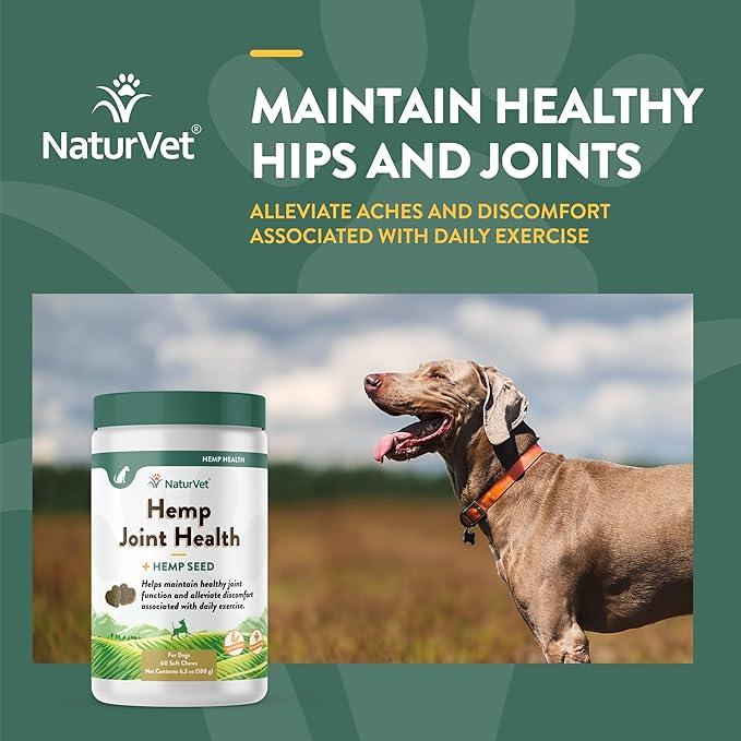 NaturVet Hemp Joint Health, Joint Care Support Supplement for Dogs, Soft Chews, 60ct Made in The USA