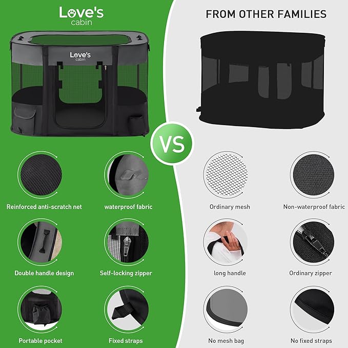 Love's cabin Pet Puppy Dog Playpen, Large Dog Tent Crates Cage Indoor/Outdoor, Portable Exercise Playpen for Cat, Foldable Pop Up Kennel with Carring Case (L, Grey)