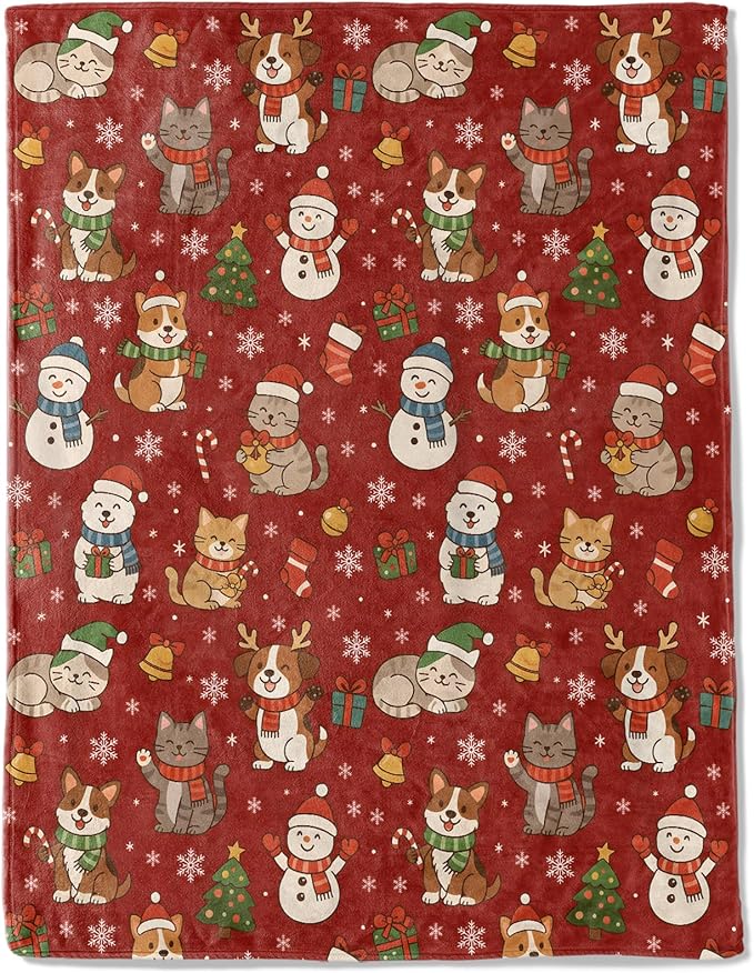 Cat and Dog Christmas Decorative Throw Blanket, Snowman Tree Bell Snowflake Print Decoration, Flannel Winter Blankets for Couch Bed Sofa, Holiday Home Decor, Xmas Festival Gifts 60x80 Inch