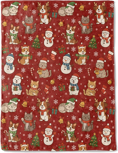 Cat and Dog Christmas Decorative Throw Blanket, Snowman Tree Bell Snowflake Print Decoration, Flannel Winter Blankets for Couch Bed Sofa, Holiday Home Decor, Xmas Festival Gifts 60x80 Inch