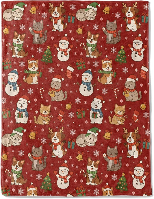 Cat and Dog Christmas Decorative Throw Blanket, Snowman Tree Bell Snowflake Print Decoration, Flannel Winter Blankets for Couch Bed Sofa, Holiday Home Decor, Xmas Festival Gifts 40x50 Inch