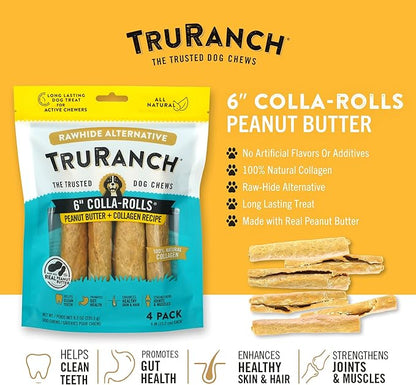 TRURANCH Collagen Rolls - 6" Collagen Rolls for Dogs - Long Lasting Healthy Joint Support - Rawhide Alternative - Skin & Coat Health - Made with Real Peanut Butter, Value Pack, 15 Bags, 60 Count