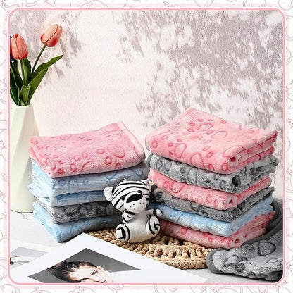 Tegeme 12 Pieces Pet Blanket Soft Fleece Dog Fluffy Doggie Warm Felt Throw Spring Cute Paw Print Puppy Kitten Sleep Mat Bed Covers for Cat (30 x 20 Inch,Pink,Gray,Blue)