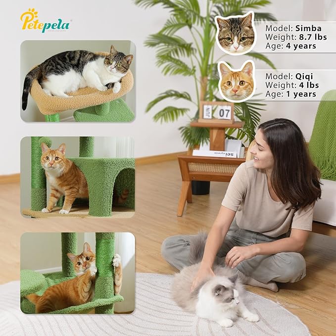 PETEPELA 45.7" Cat Tree for Indoor Cats, Cactus Cat Tower for Large Cats with Metal Frame Large Hammock (17.3"x15.3"), Cat Condo with (18.5"x13") Big Top Perch & 4 Sisal Covered Scratching Posts,Green