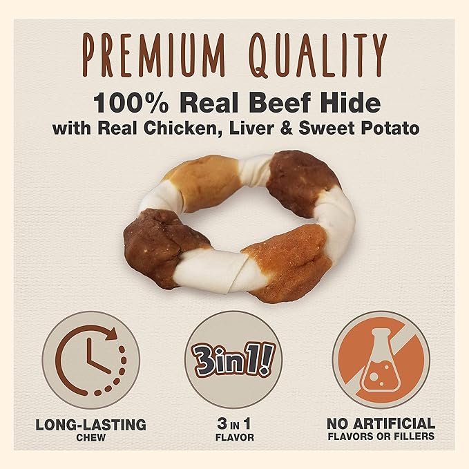 Cadet Gourmet Triple-Flavored Ring - Beef Hide Kabob Dog Treats - Healthy & Natural Chicken, Liver, & Sweet Potato Dog Treats for Dogs Over 30 lbs. (2 Count)