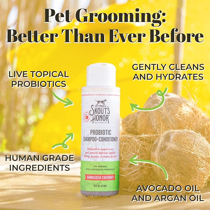 Skout's Honor Probiotic Pet Shampoo & Conditioner with Avocado Oil & Omega-3s, 97% Natural, Paraben & Sulfate-Free, Cruelty-Free, 16oz, Sunkissed Coconut