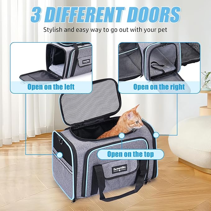 2 Sides Travel Expandable Pet Carrier Bag (Large), Airline Approved Soft-Sided Cat Carrier with Pad & Pocket & Removable Shoulder Strap - 18"x11"x11" Dog Airplane Carrier Under Seat