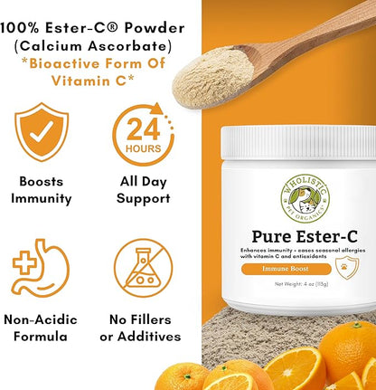Wholistic Pet Organics Pure Ester-C Powder for Dogs - 4 Oz - Healthy Alternative to Dog Allergy Chews - Vitamin C Supplement for Dog Allergy Relief, Immune Support, Itch Relief for Dogs - Made in USA