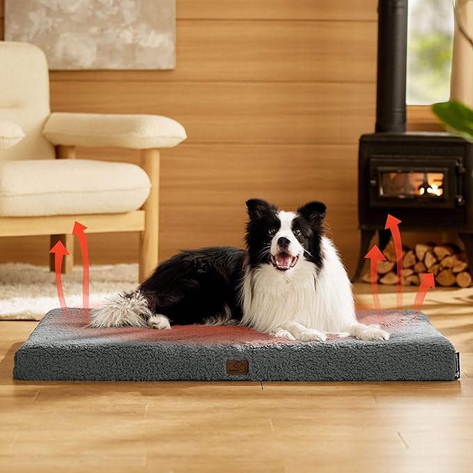Bedsure Large Dog Bed for Large Dogs  Self Warming Orthopedic Dog Beds with Removable Washable Cover, Egg Foam Pet Bed Mat, Ashen Grey