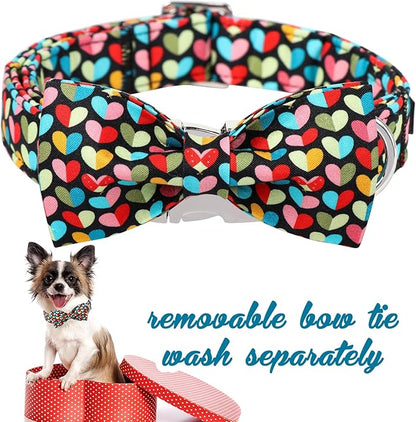 Unique Style Paws Valentine's Day Dog Collar with Bow Colorful Heart Love Dog Collars for Small Medium Large Dog New (L, Heart Bow)