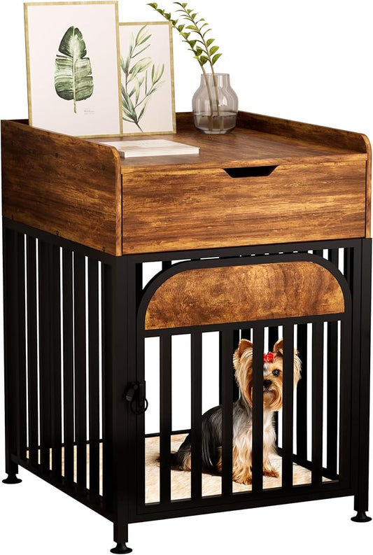 Dog Crate Furniture for Small Dogs, Chew-Proof Steel-Tube Dog Cage, Indoor Pet Crate End Table with Pet Mat, Decorative Dog Kennel with Drawer