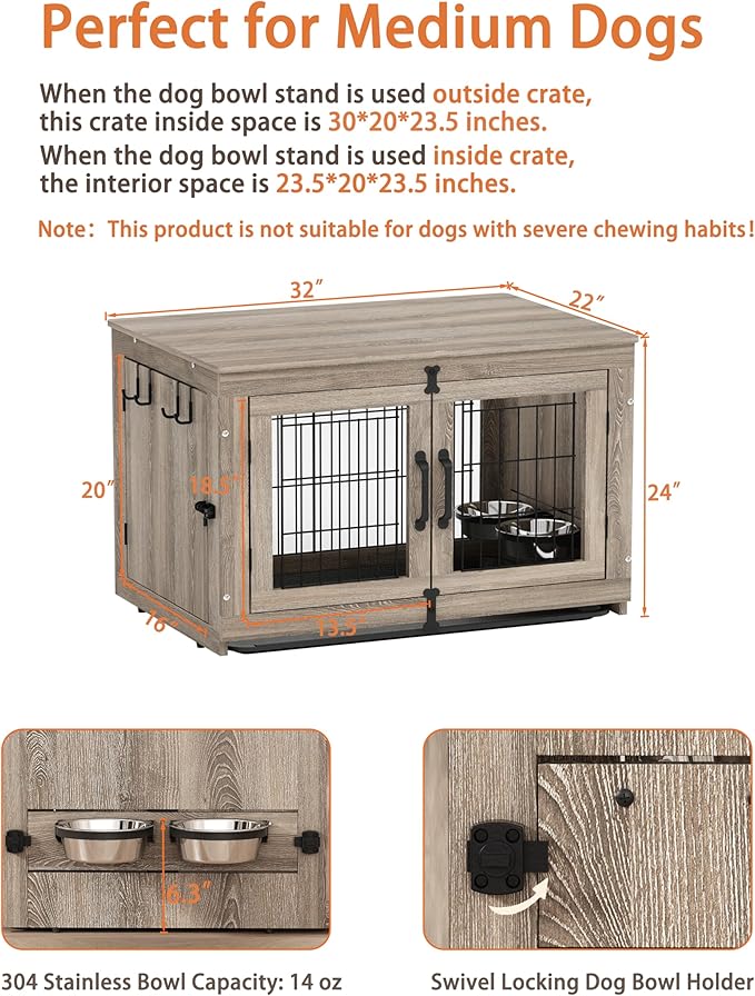 Piskyet Wooden Dog Crate Furniture with 360°Rotatable Removable Dog Bowls, Dog Crate End Table with Tray, Double Doors Dog Kennels for Dogs(M:31.8" L*22.1" W*24.1" H, Gray)
