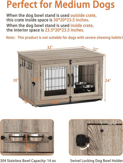 Piskyet Wooden Dog Crate Furniture with 360°Rotatable Removable Dog Bowls, Dog Crate End Table with Tray, Double Doors Dog Kennels for Dogs(M:31.8" L*22.1" W*24.1" H, Gray)