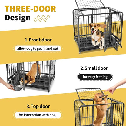36 Inch Dog Cage for Medium Size Dogs, Heavy Duty Dog Crate with Removable Tray, Metal Dog Kennel Indoor Escape Proof, High Anxiety Crate with Double Doors, Lockable Wheels