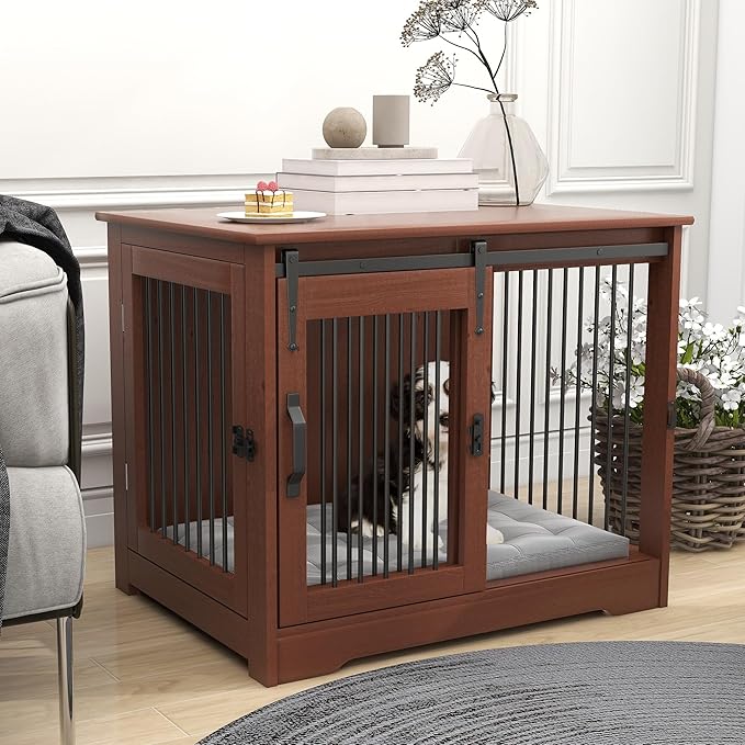 TAOHFE Solid Wood Dog Crate Furniture, Dog Kennel Indoor for Small Dogs with 2 Types Doors, Solid Wood Small Dog Crates Farmhouse Style, Dog Kennel Furniture for Dogs to Play & Rest