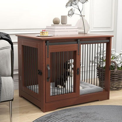 TAOHFE Solid Wood Dog Crate Furniture, Dog Kennel Indoor for Small Dogs with 2 Types Doors, Solid Wood Small Dog Crates Farmhouse Style, Dog Kennel Furniture for Dogs to Play & Rest