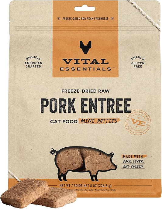 Vital Essentials Freeze Dried Cat Food, Raw Pork Mini Patties Entree 8 oz
