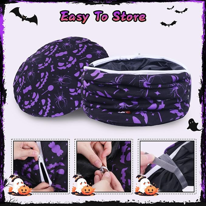 Tidjani Halloween Cat Tunnel, Cat Tunnels for Indoor Cats, Foldable Pet Donut Bed with Washable Mat and Dangling Balls, Purple Bowknot, Ghost Spider Pattern Decor Pet Toys for Small Animals