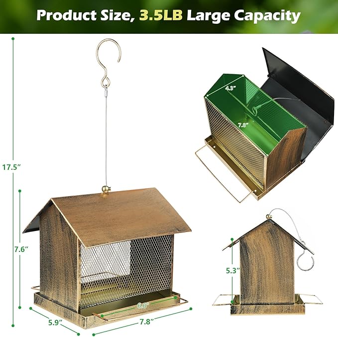 Bird Feeder for Outdoor, Heavy Duty Metal Wild Birdfeeder for Garden Yard Outside Hanging, House Shape Large Capacity