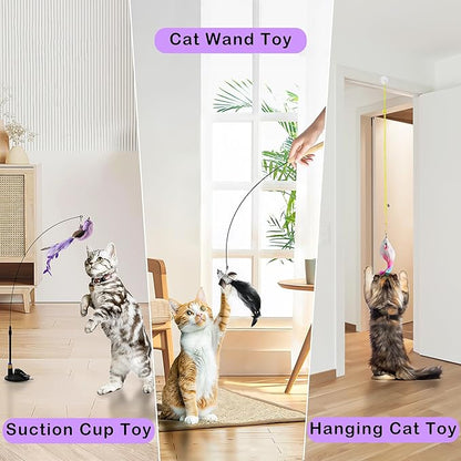 Soarer 3-in-1 Flying Bird Cat Toys - 7Pcs Wooden Cats Wand Toy Fishing Pole Cat Bird Toys Replacements,Interactive Enhanced Suction Cup and Door Hanging Cat String Toys for Indoor Kitten