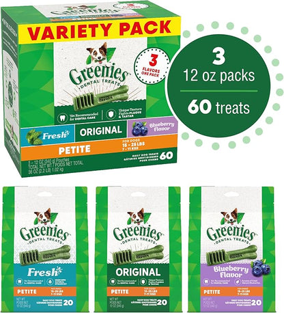 Greenies Petite Dental Dog Treats, 3-Flavor Variety Pack, (3) 12 oz. Pouches, 60 Total Treats