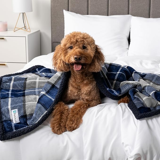 PetAmi WATERPROOF Dog Blanket for Bed, XL Dog Pet Blanket Couch Cover Protection, Sherpa Fleece Leakproof Bed Blanket for Crate Kennel Sofa Furniture Protector, Reversible Soft Plush 80x60 Plaid Navy
