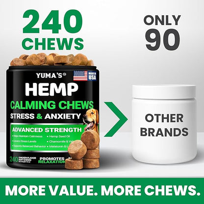 Hemp Calming Chews for Dogs - 240 Treats - Advanced Dog Calming Chews - Anxiety Relief Supplement Treats with Melatonin - Sleep Aid for Separation, Barking, Stress, Hip and Joint Support Made in USA